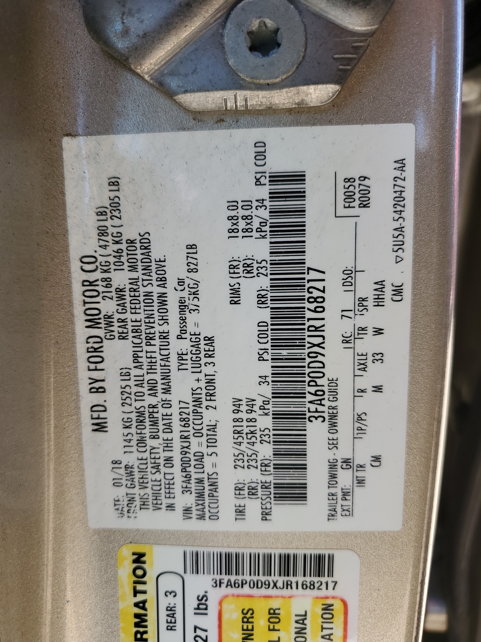 3FA6P0D9XJR168217 2018 Ford Fusion Titanium/Platinum