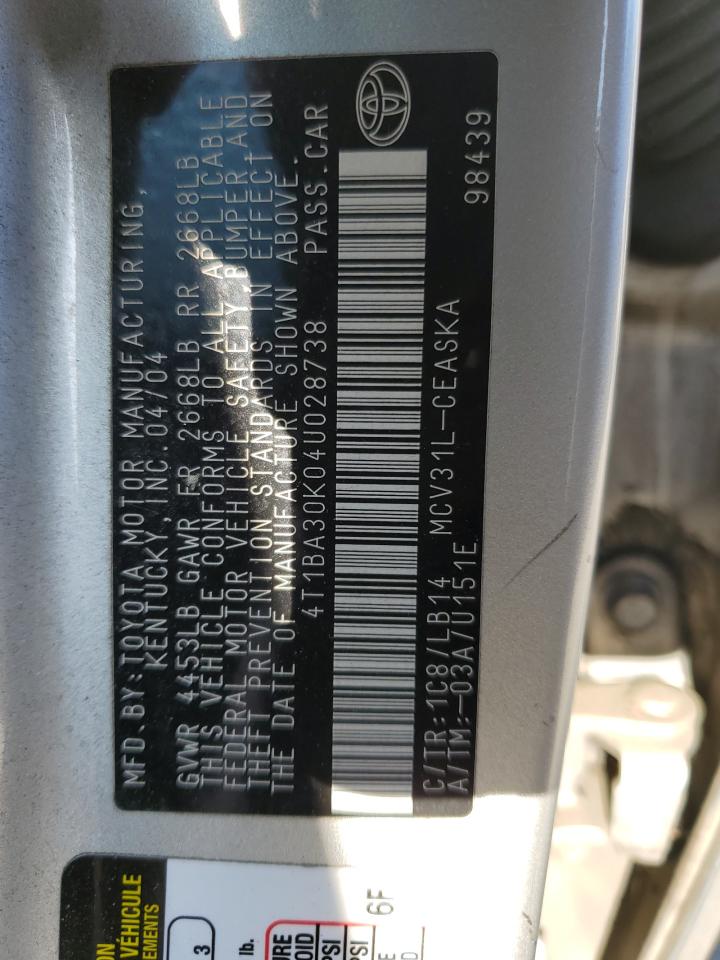 2004 Toyota Camry Se VIN: 4T1BA30K04U028738 Lot: 64412214