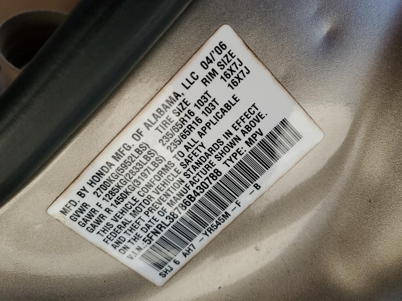 2006 Honda Odyssey Exl VIN: 5FNRL38786B430788 Lot: 63433564