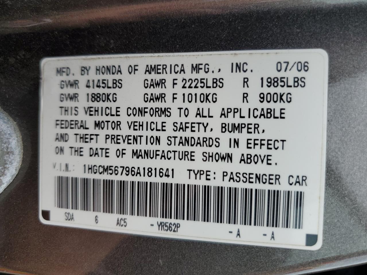 2006 Honda Accord Ex VIN: 1HGCM56796A181641 Lot: 63356214