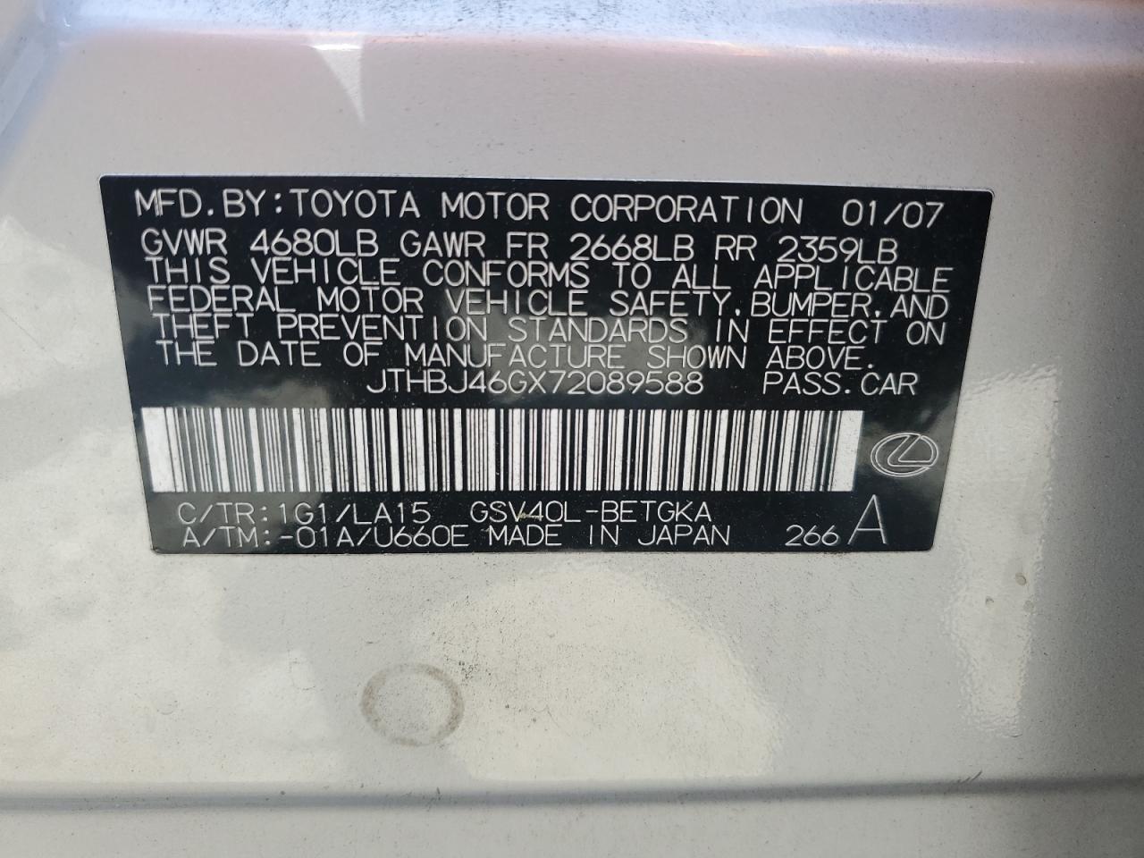 2007 Lexus Es 350 VIN: JTHBJ46GX72089588 Lot: 62890104