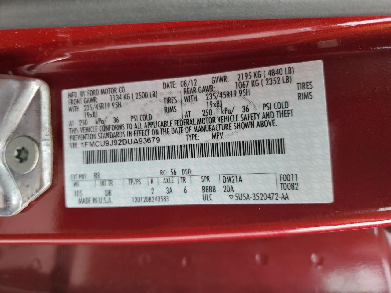 2013 Ford Escape Titanium VIN: 1FMCU9J92DUA93679 Lot: 64114114