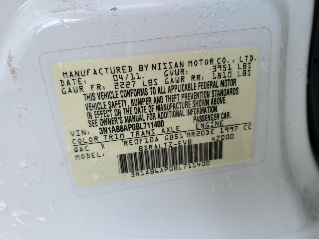 2011 Nissan Sentra 2.0 VIN: 3N1AB6AP0BL711400 Lot: 63106824