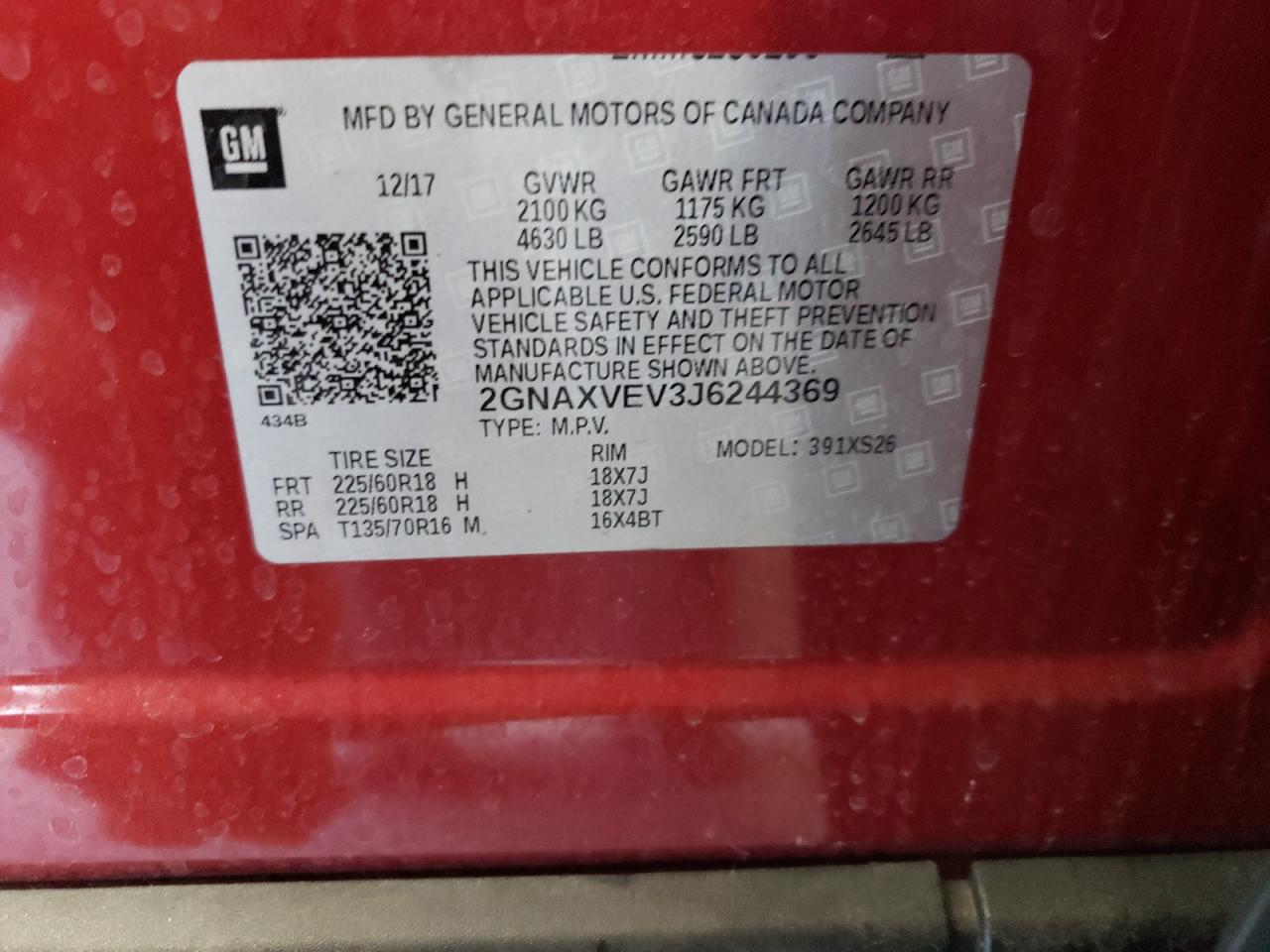 2018 Chevrolet Equinox Premier VIN: 2GNAXVEV3J6244369 Lot: 63421854