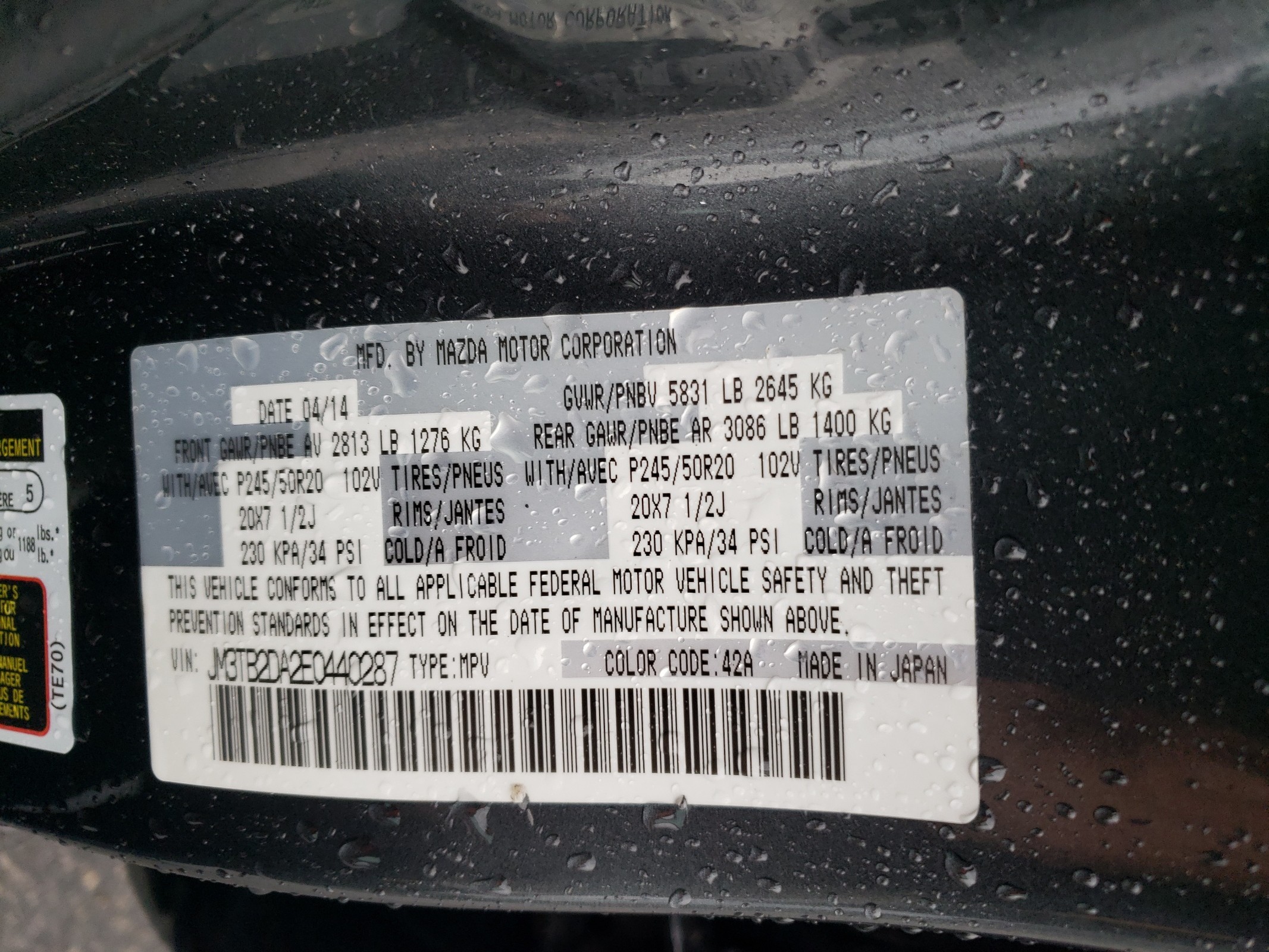 JM3TB2DA2E0440287 2014 Mazda Cx-9 Grand Touring