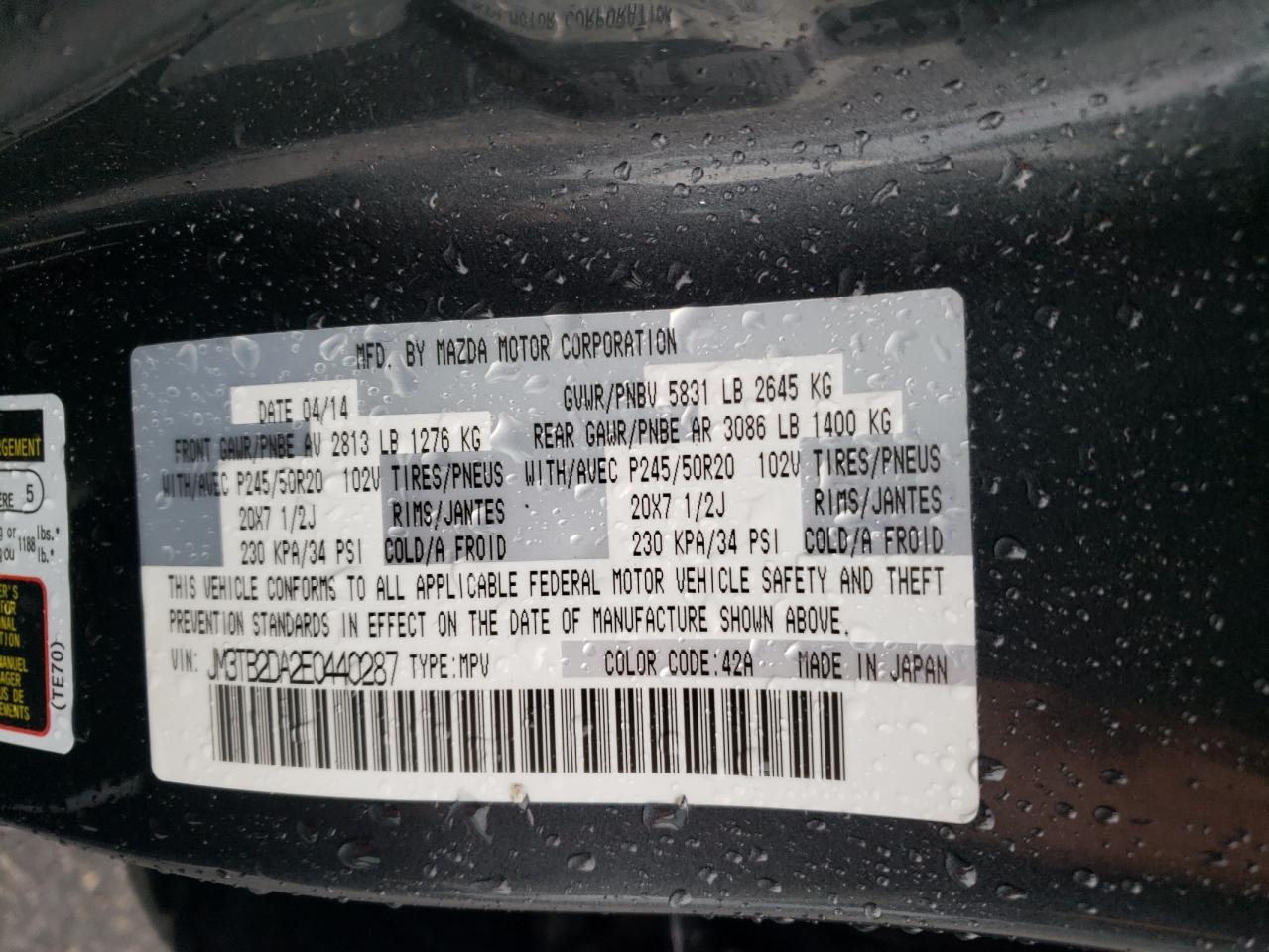 2014 Mazda Cx-9 Grand Touring VIN: JM3TB2DA2E0440287 Lot: 62554124