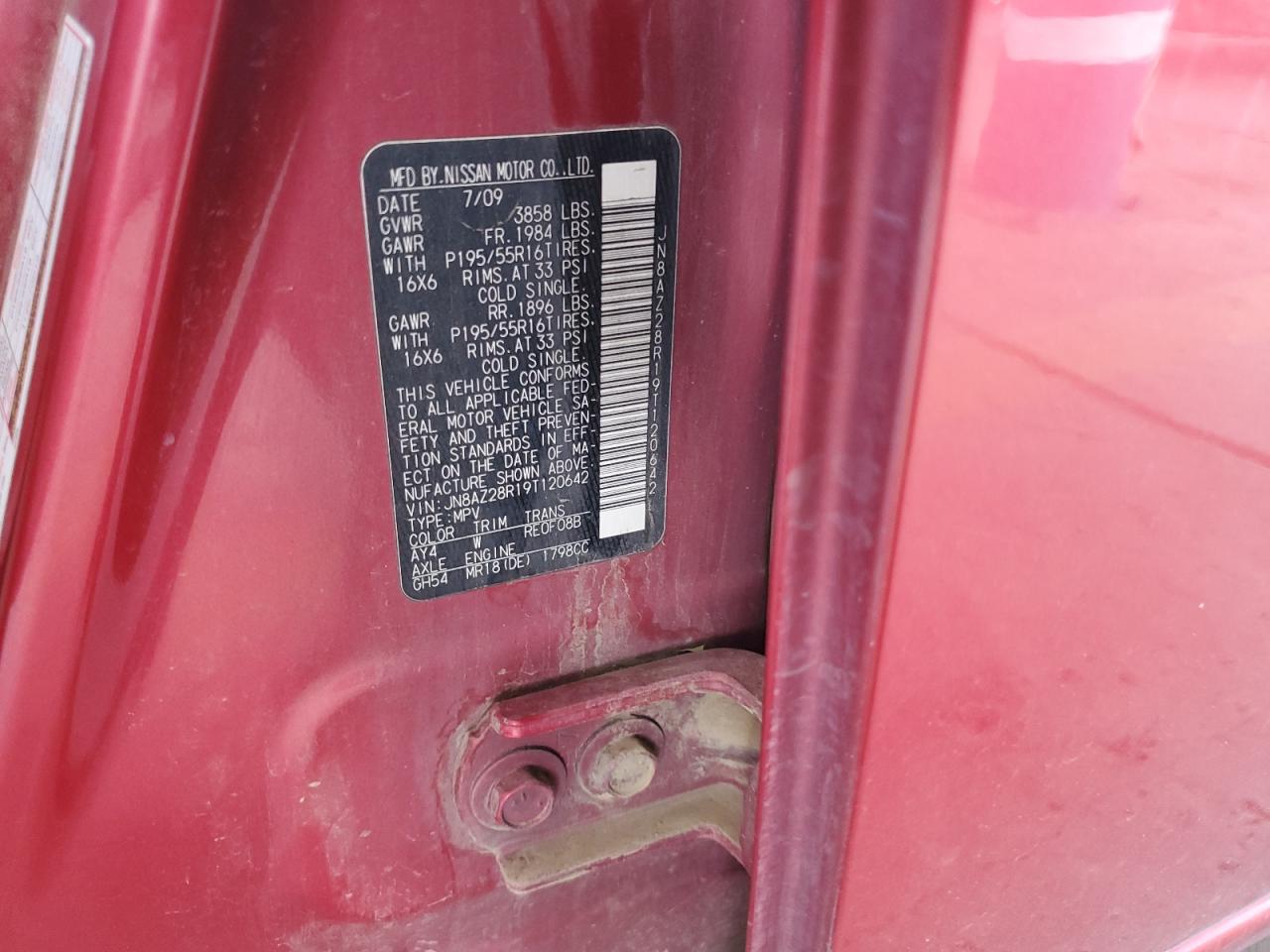 2009 Nissan Cube Base VIN: JN8AZ28R19T120642 Lot: 64610224