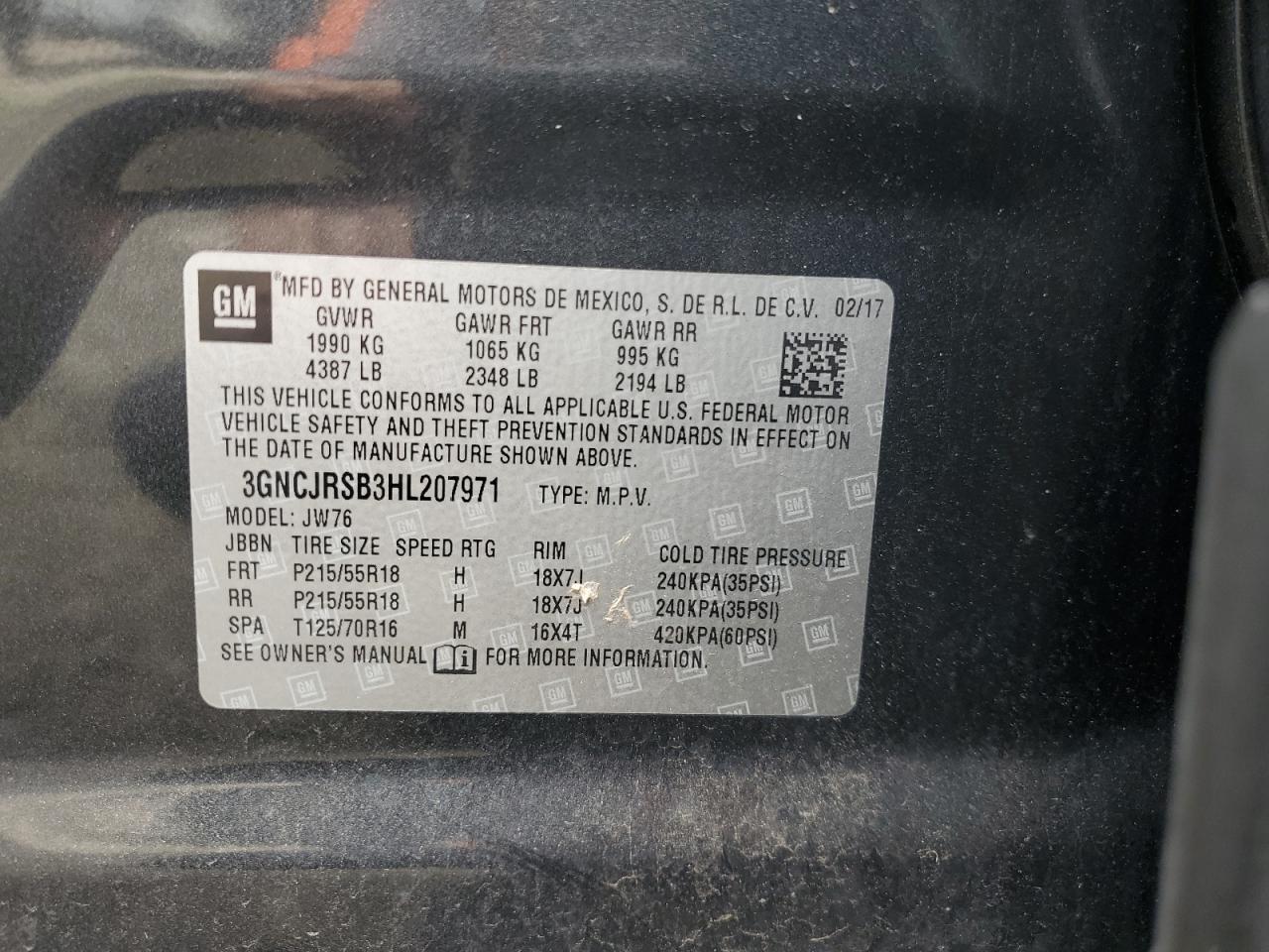 2017 Chevrolet Trax Premier VIN: 3GNCJRSB3HL207971 Lot: 63646614