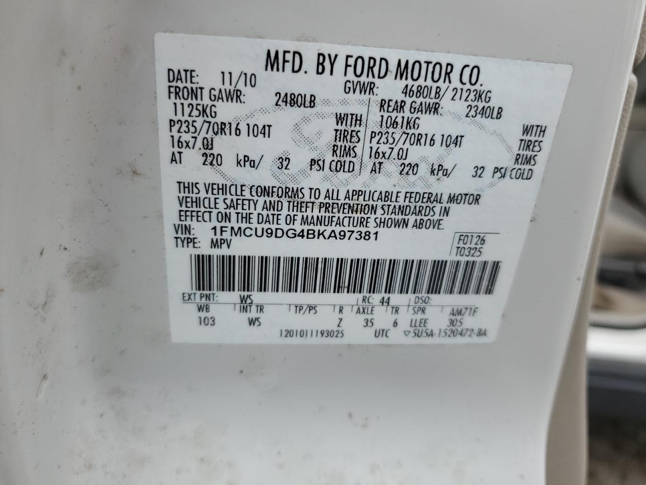 2011 Ford Escape Xlt VIN: 1FMCU9DG4BKA97381 Lot: 64841834