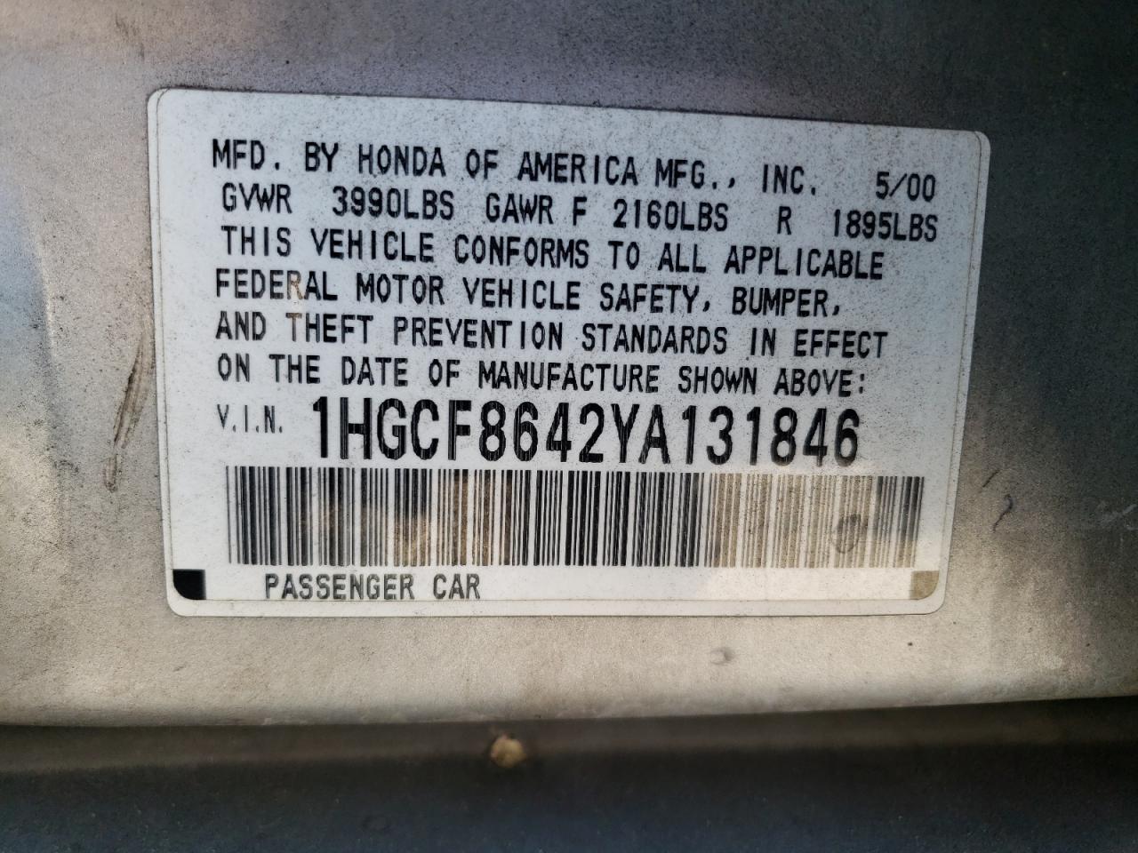 2000 Honda Accord Dx VIN: 1HGCF8642YA131846 Lot: 61929914