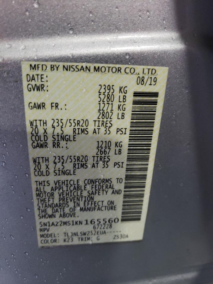 2019 Nissan Murano S VIN: 5N1AZ2MS1KN165560 Lot: 62474014