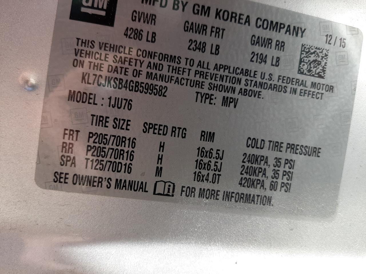 2016 Chevrolet Trax Ls VIN: KL7CJKSB4GB599582 Lot: 53719034