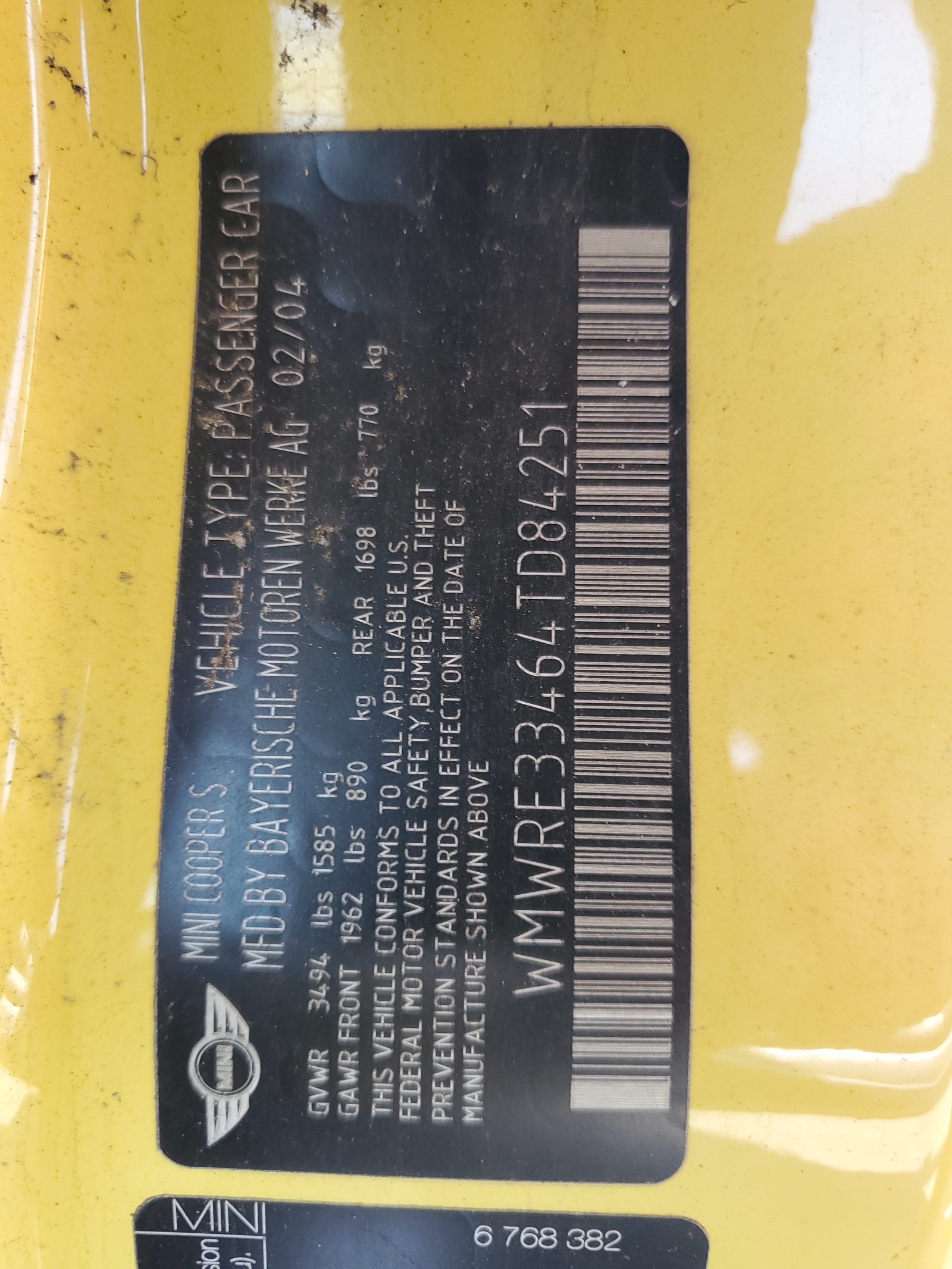 WMWRE33464TD84251 2004 Mini Cooper S