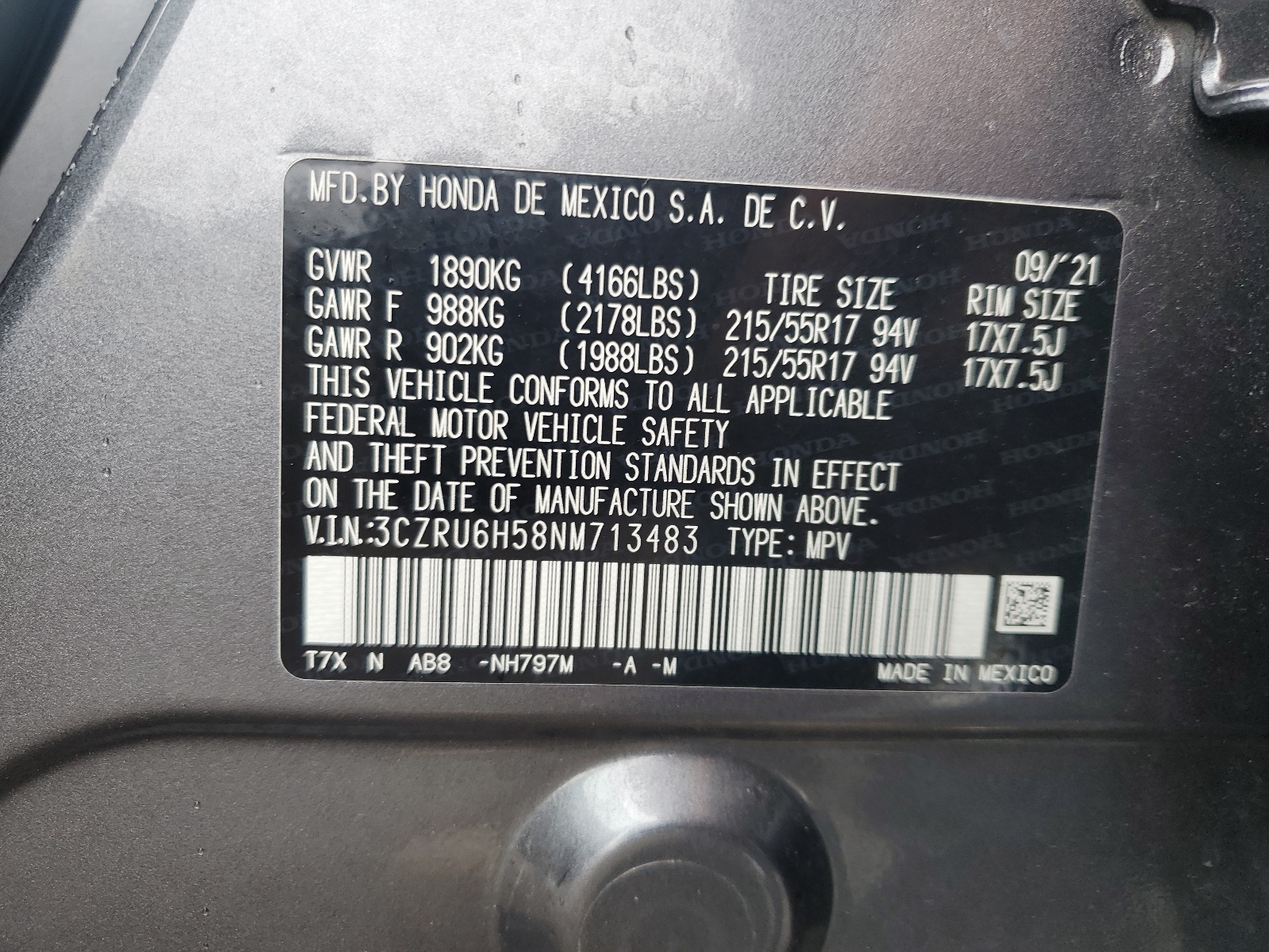 3CZRU6H58NM713483 2022 Honda Hr-V Ex