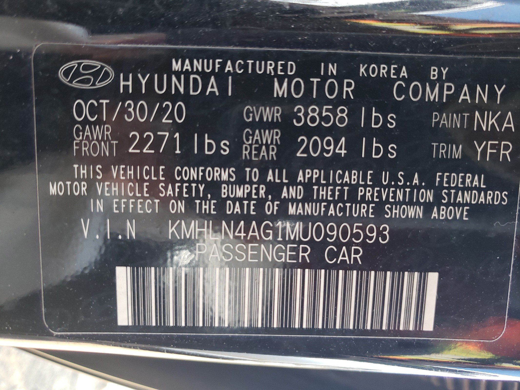 2021 Hyundai Elantra Sel vin: KMHLN4AG1MU090593