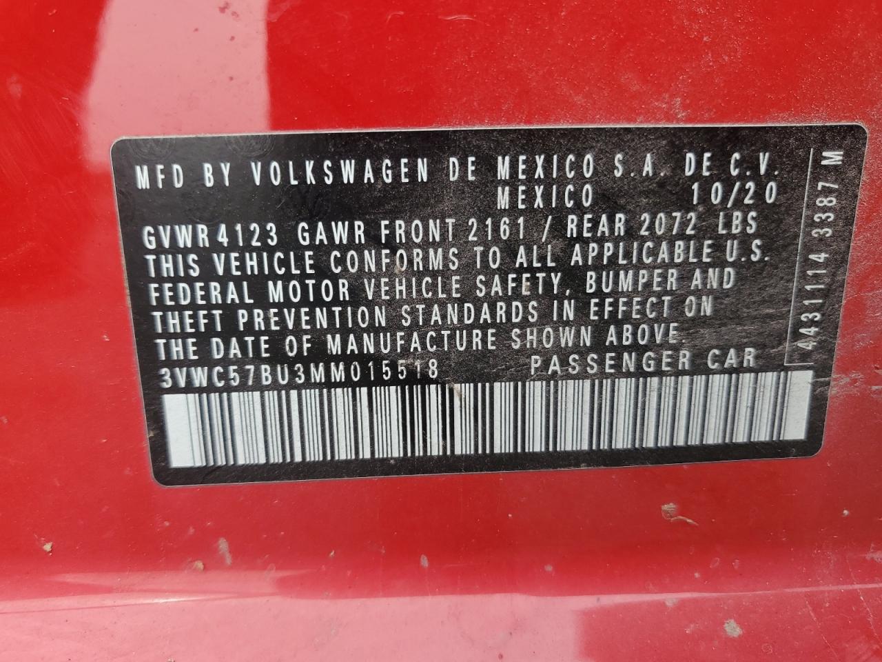 2021 Volkswagen Jetta S VIN: 3VWC57BU3MM015518 Lot: 64582914