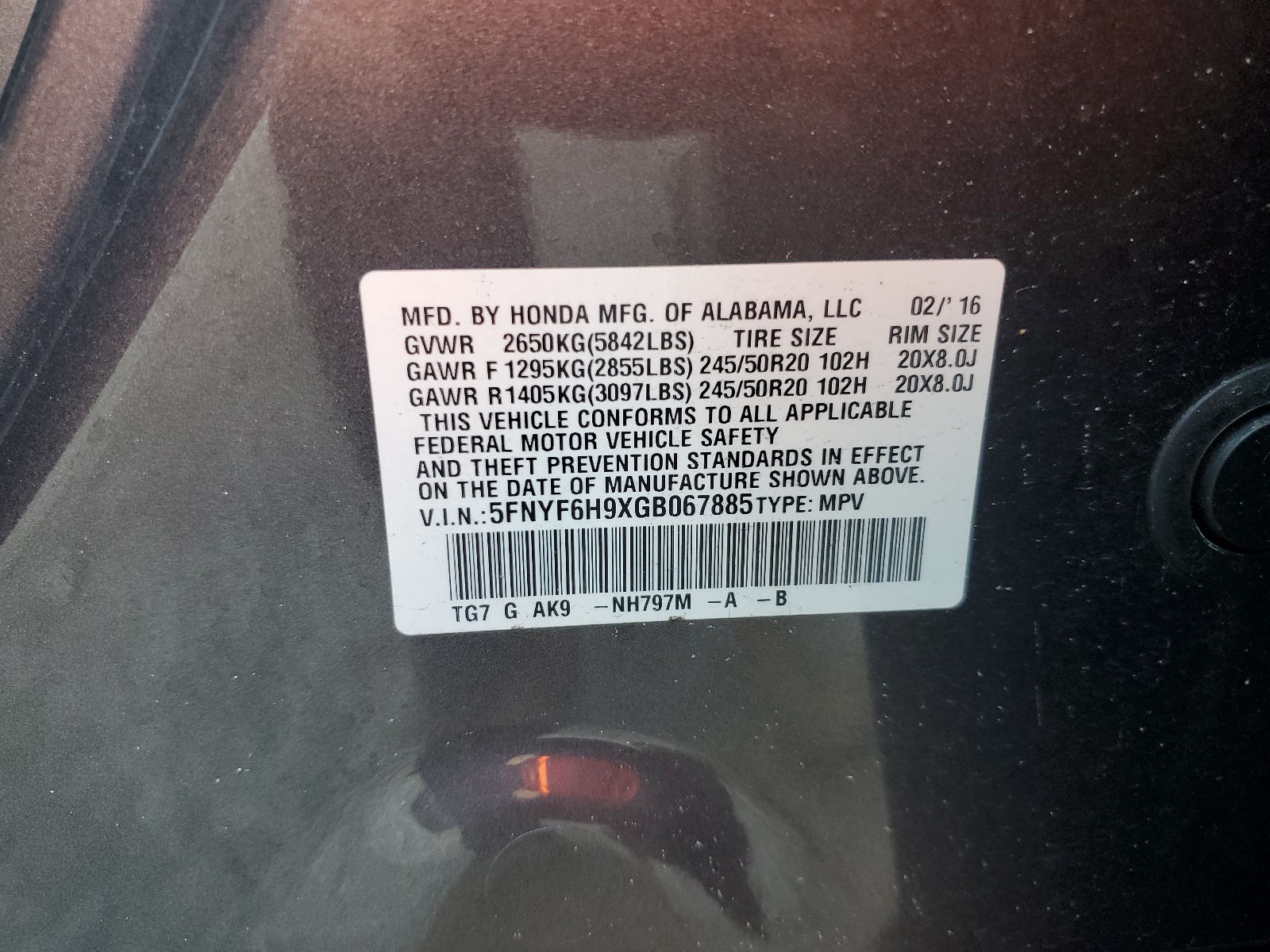 5FNYF6H9XGB067885 2016 Honda Pilot Touring