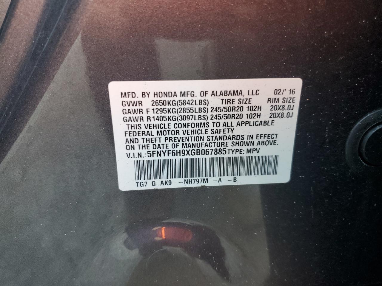 2016 Honda Pilot Touring VIN: 5FNYF6H9XGB067885 Lot: 64583404