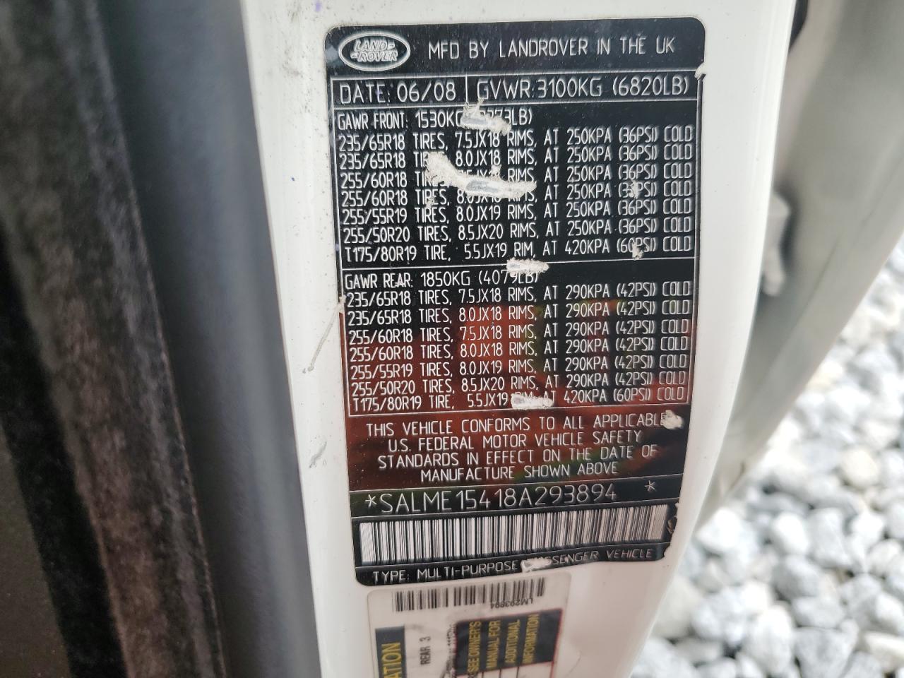 2008 Land Rover Range Rover Hse VIN: SALME15418A293894 Lot: 61992064