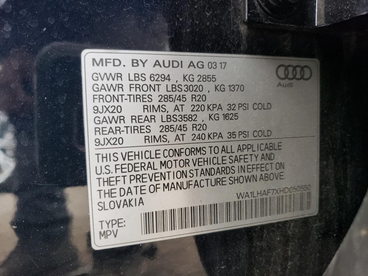 2017 Audi Q7 Premium Plus VIN: WA1LHAF7XHD050550 Lot: 64956354