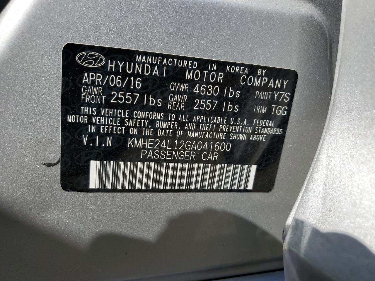 2016 Hyundai Sonata Hybrid VIN: KMHE24L12GA041600 Lot: 64054474