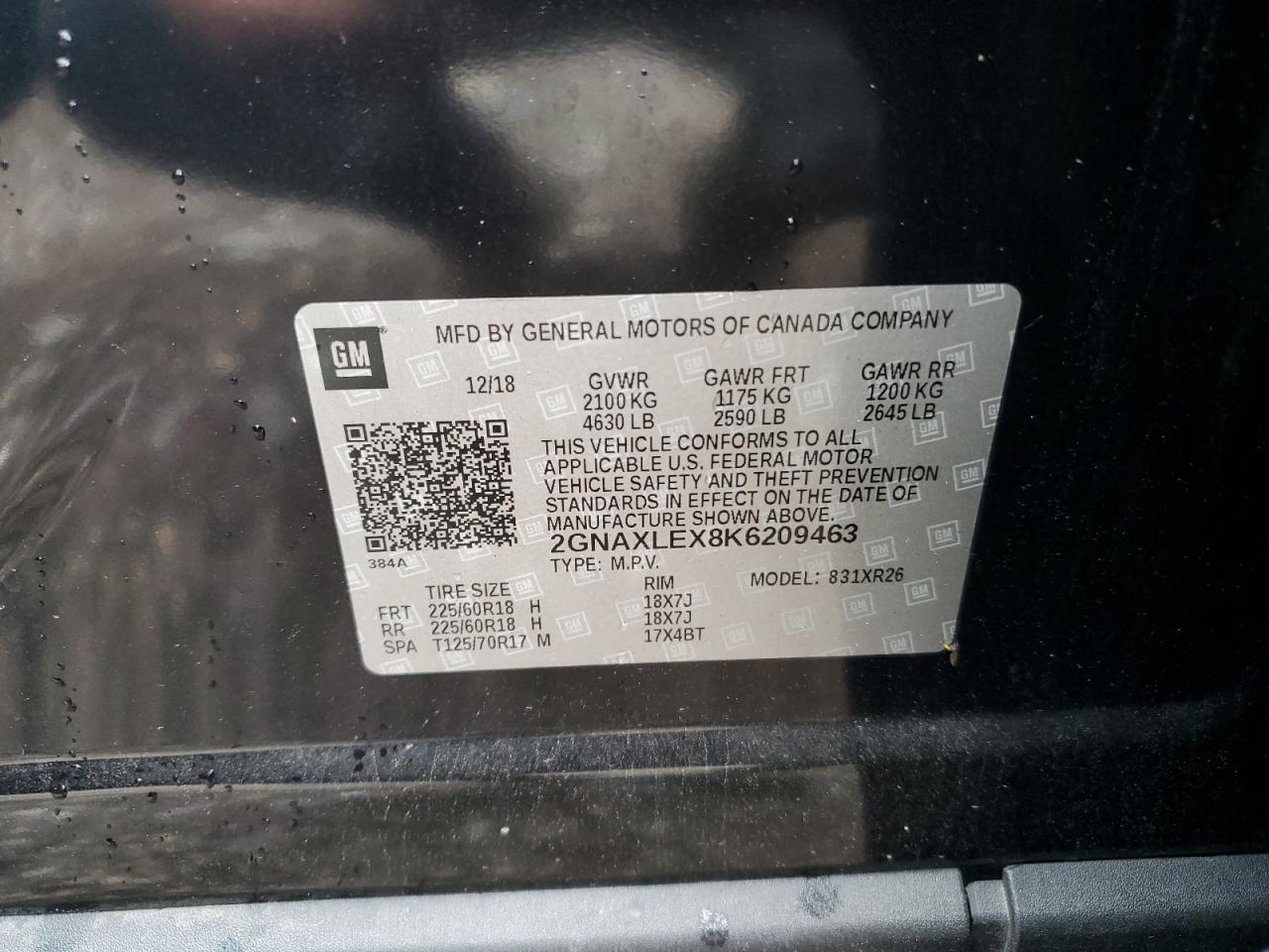 2019 Chevrolet Equinox Lt VIN: 2GNAXLEX8K6209463 Lot: 63183444