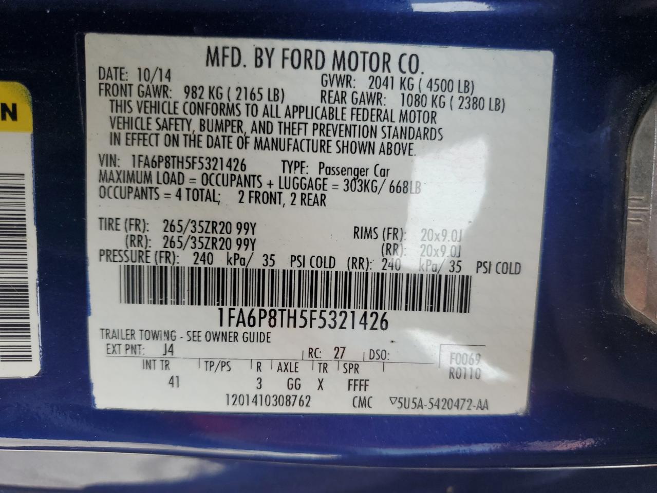 2015 Ford Mustang VIN: 1FA6P8TH5F5321426 Lot: 62064594