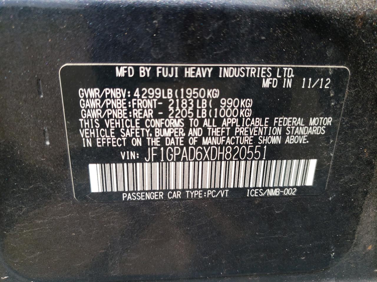 2013 Subaru Impreza Premium VIN: JF1GPAD6XDH820551 Lot: 63849264