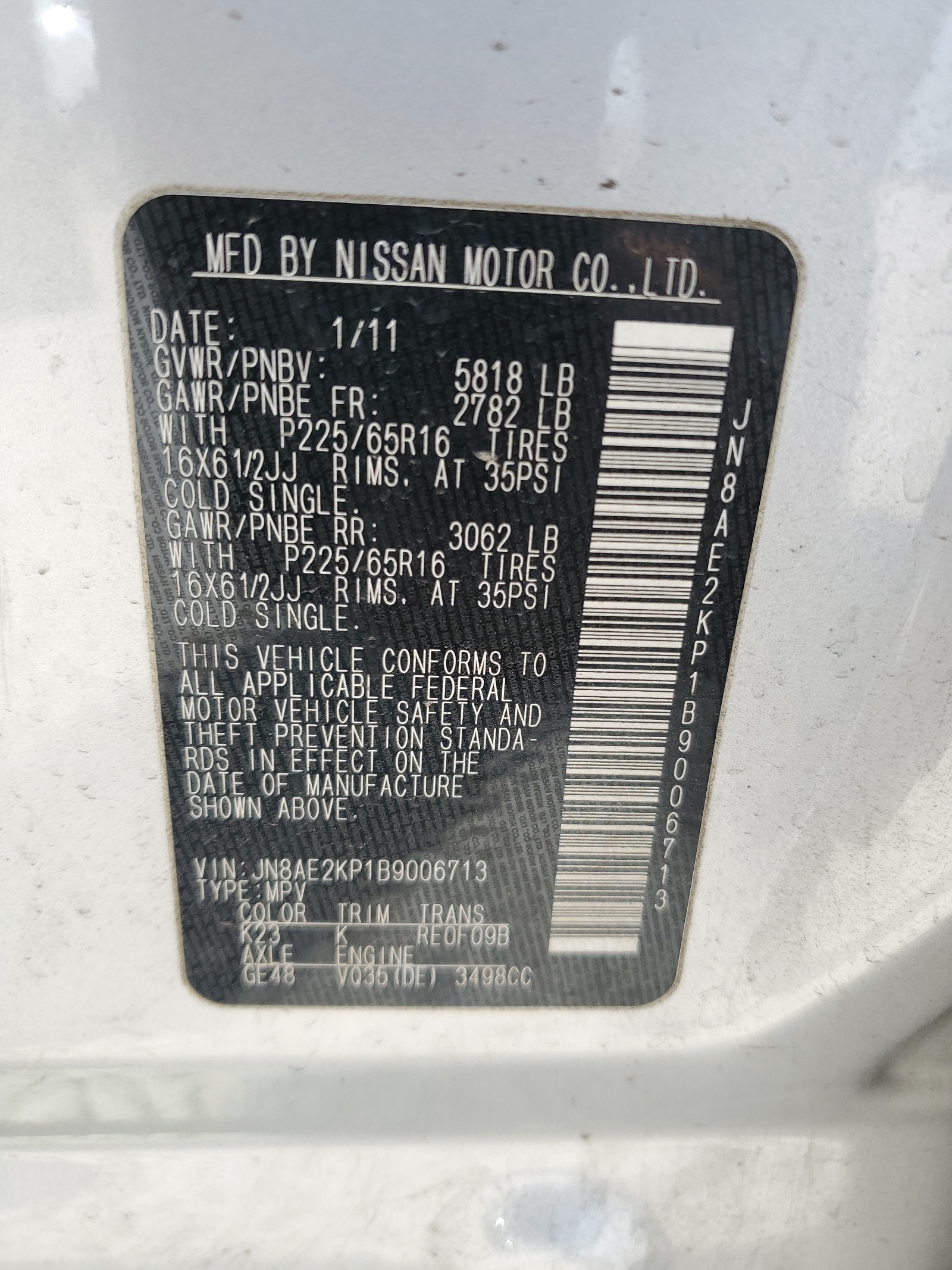 JN8AE2KP1B9006713 2011 Nissan Quest S