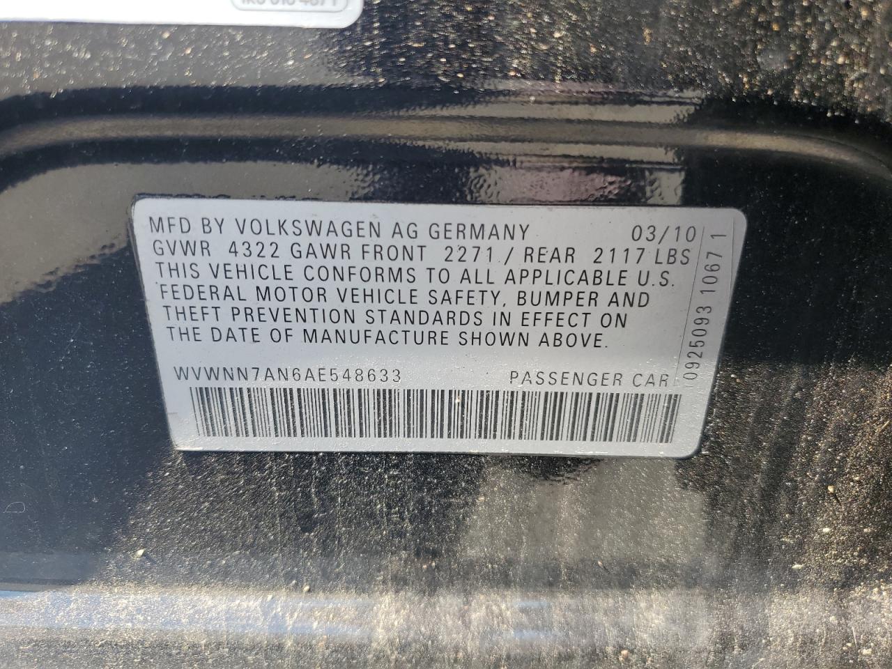 WVWNN7AN6AE548633 2010 Volkswagen Cc Sport