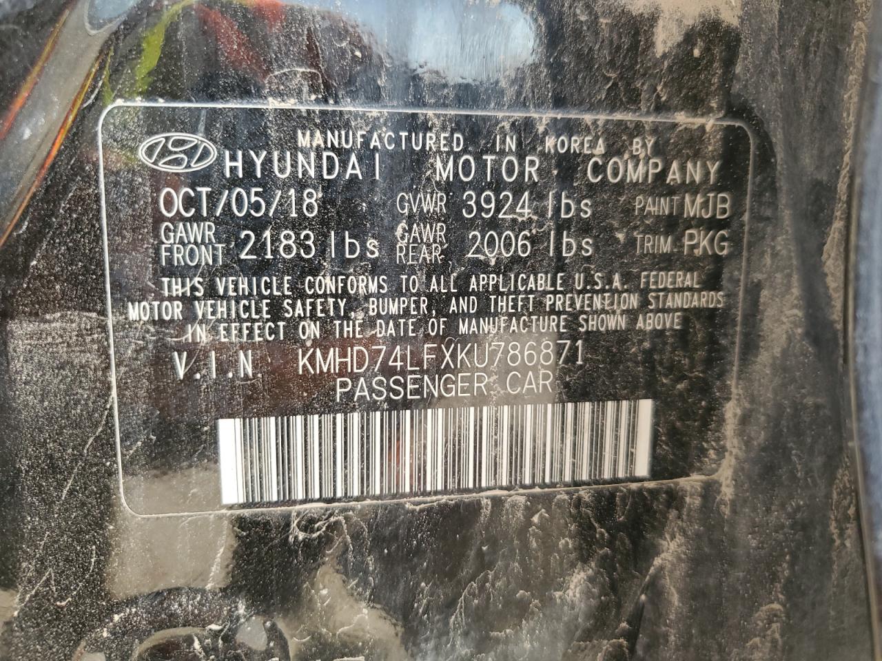 2019 Hyundai Elantra Se VIN: KMHD74LFXKU786871 Lot: 63049474