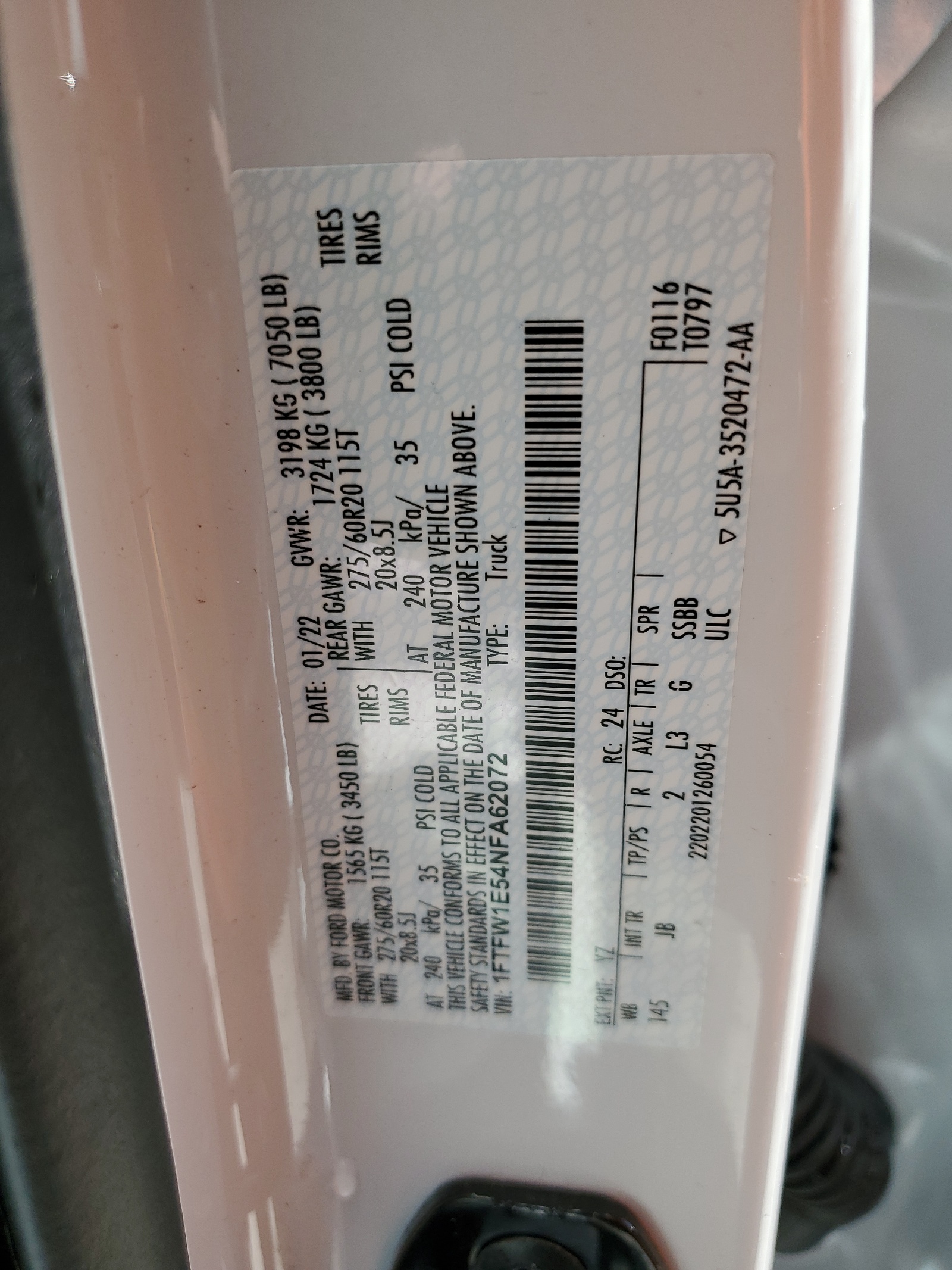 1FTFW1E54NFA62072 2022 Ford F150 Supercrew