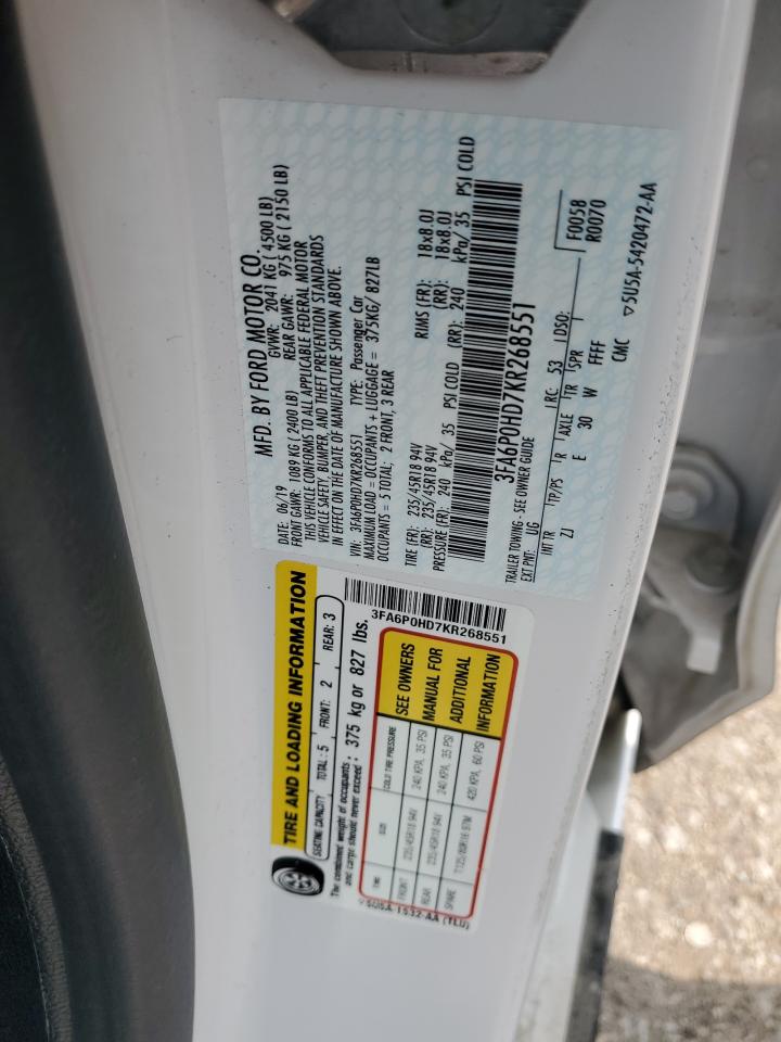 2019 Ford Fusion Se VIN: 3FA6P0HD7KR268551 Lot: 64804434