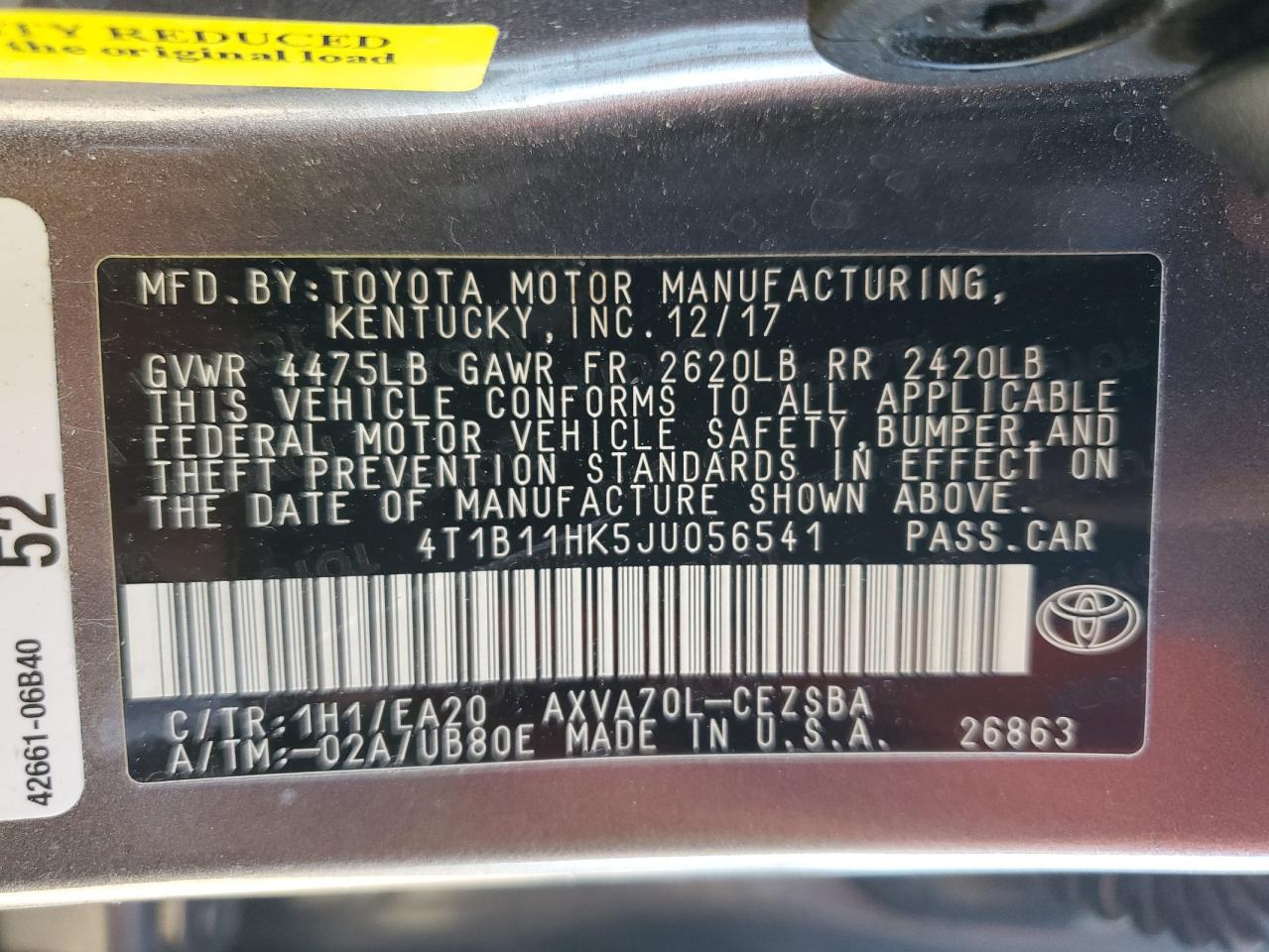 4T1B11HK5JU056541 2018 TOYOTA CAMRY - Image 12