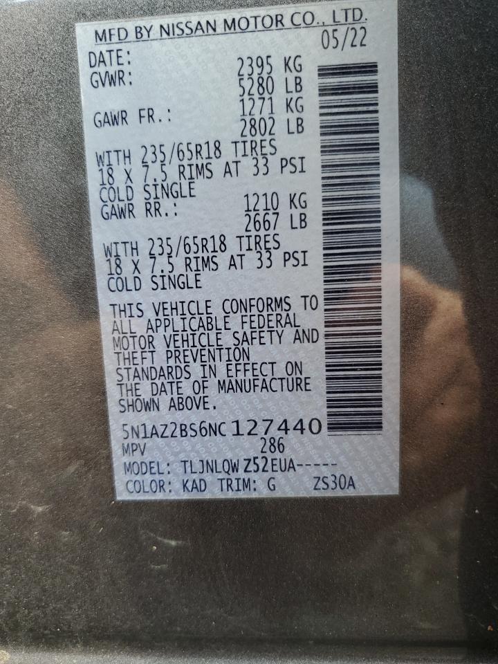 2022 Nissan Murano Sv VIN: 5N1AZ2BS6NC127440 Lot: 64399944