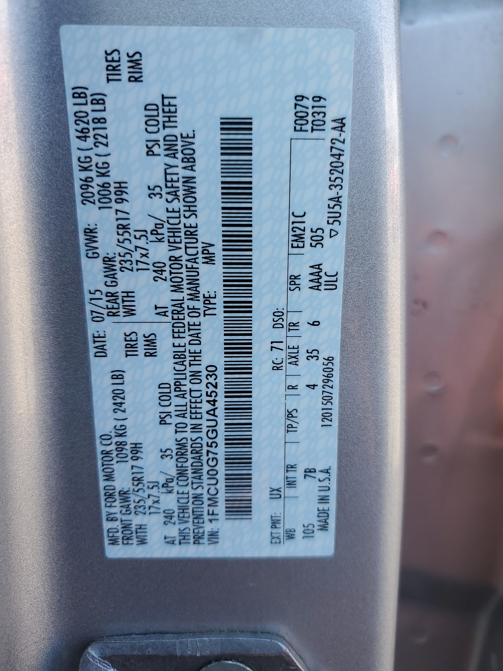 1FMCU0G75GUA45230 2016 Ford Escape Se