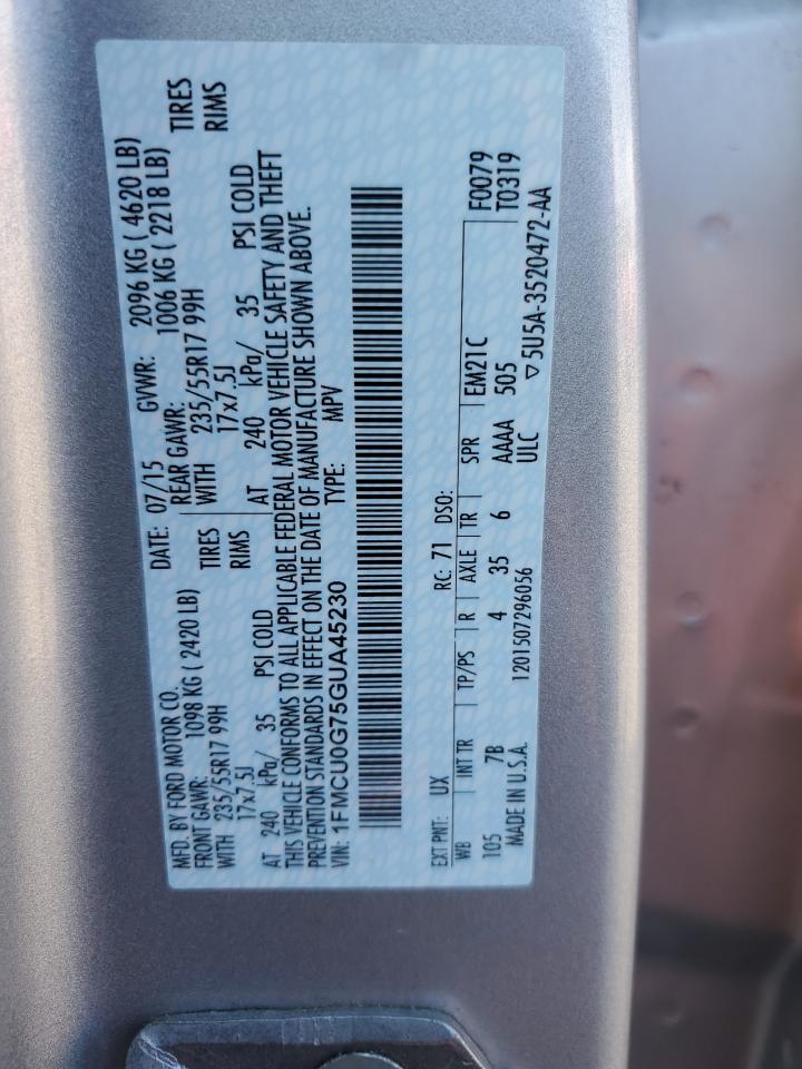 2016 Ford Escape Se VIN: 1FMCU0G75GUA45230 Lot: 64348214