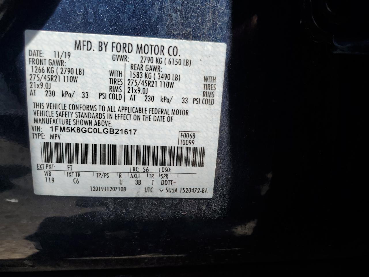 2020 Ford Explorer St VIN: 1FM5K8GC0LGB21617 Lot: 62682974