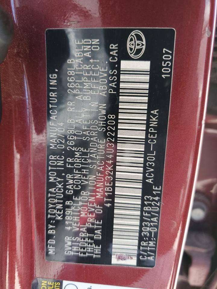 2004 Toyota Camry Le VIN: 4T1BE32K44U322208 Lot: 61936574