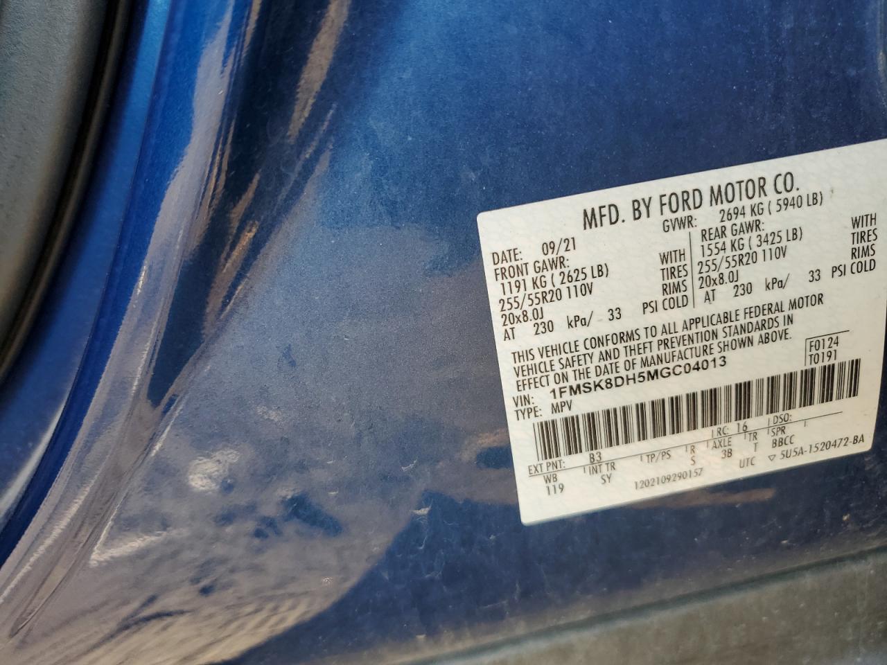 2021 Ford Explorer Xlt VIN: 1FMSK8DH5MGC04013 Lot: 63702854