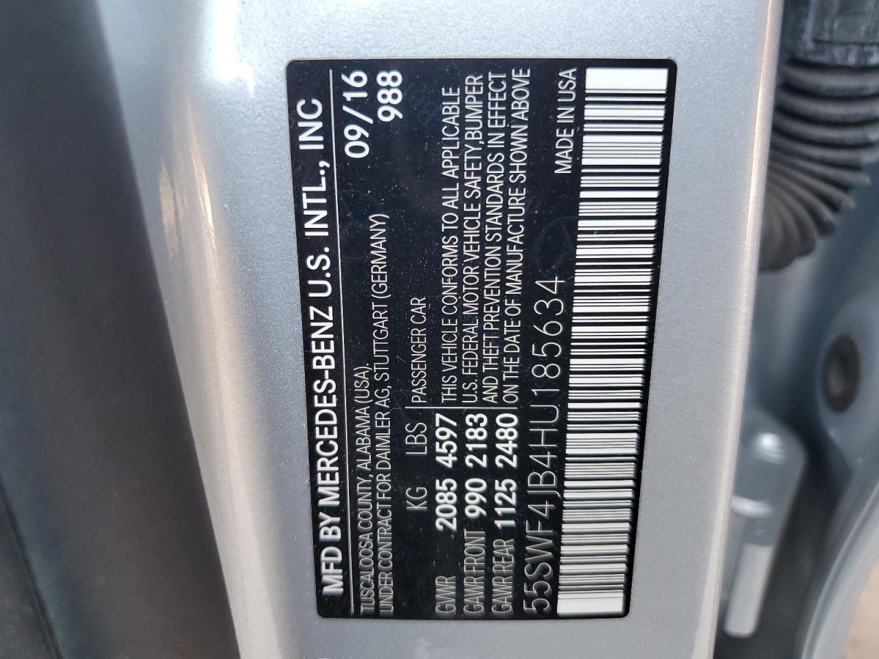 2017 Mercedes-Benz C 300 VIN: 55SWF4JB4HU185634 Lot: 65089684