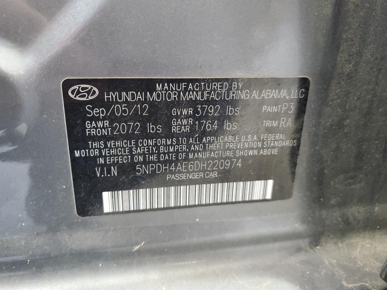 2013 Hyundai Elantra Gls VIN: 5NPDH4AE6DH220974 Lot: 61509434