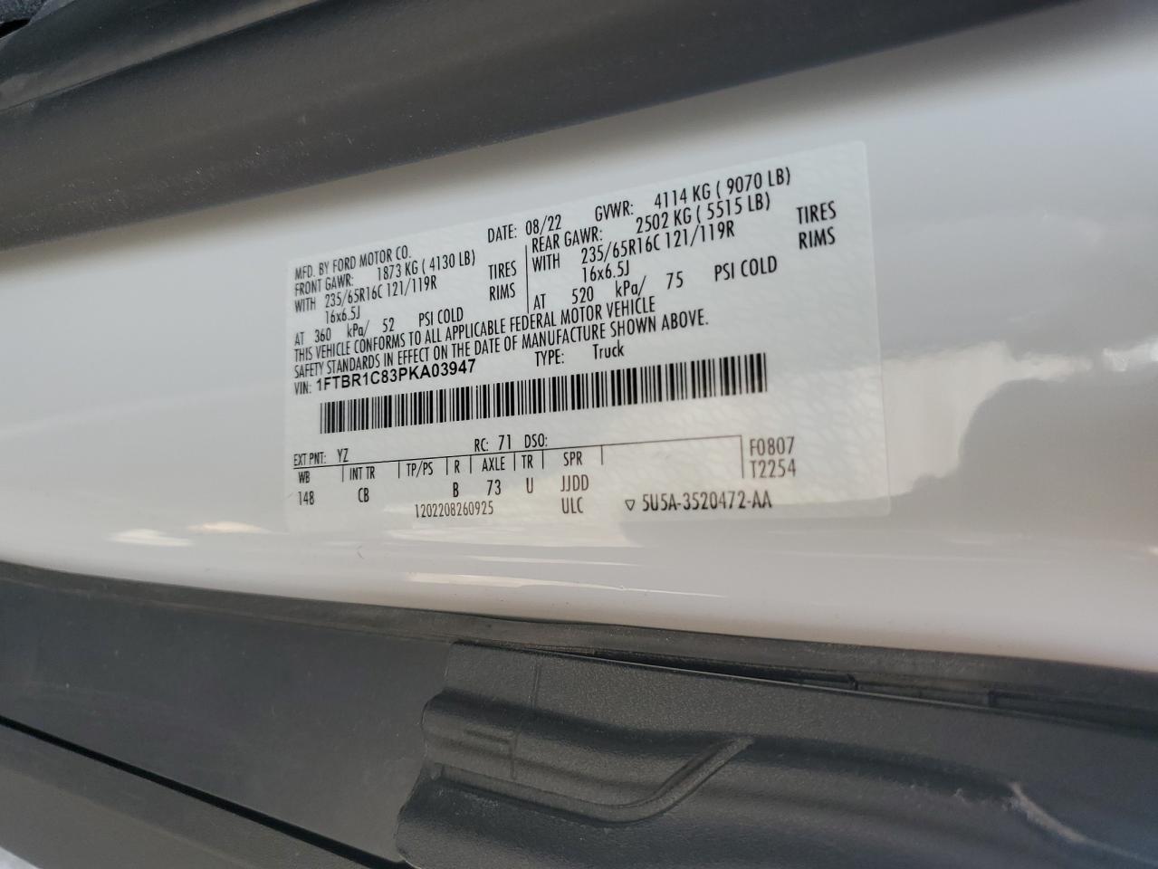 2023 Ford Transit T-250 VIN: 1FTBR1C83PKA03947 Lot: 63654734