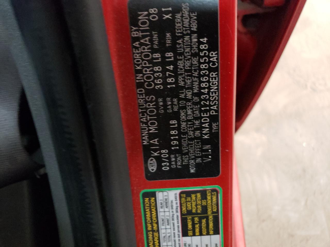 2008 Kia Rio Base VIN: KNADE123486385584 Lot: 62535274