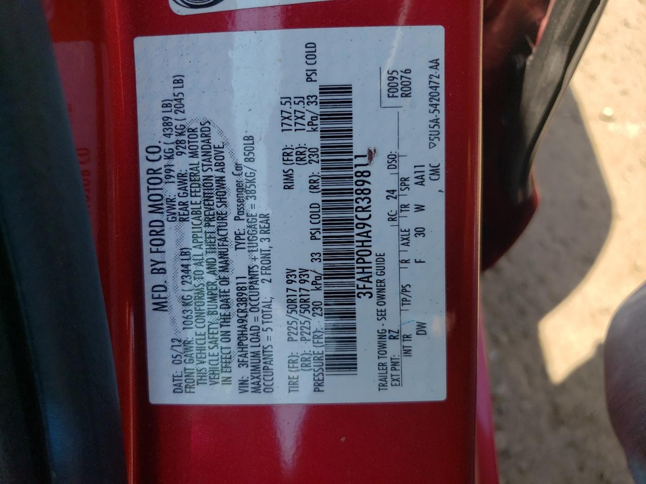 2012 Ford Fusion Se VIN: 3FAHP0HA9CR389811 Lot: 63472284