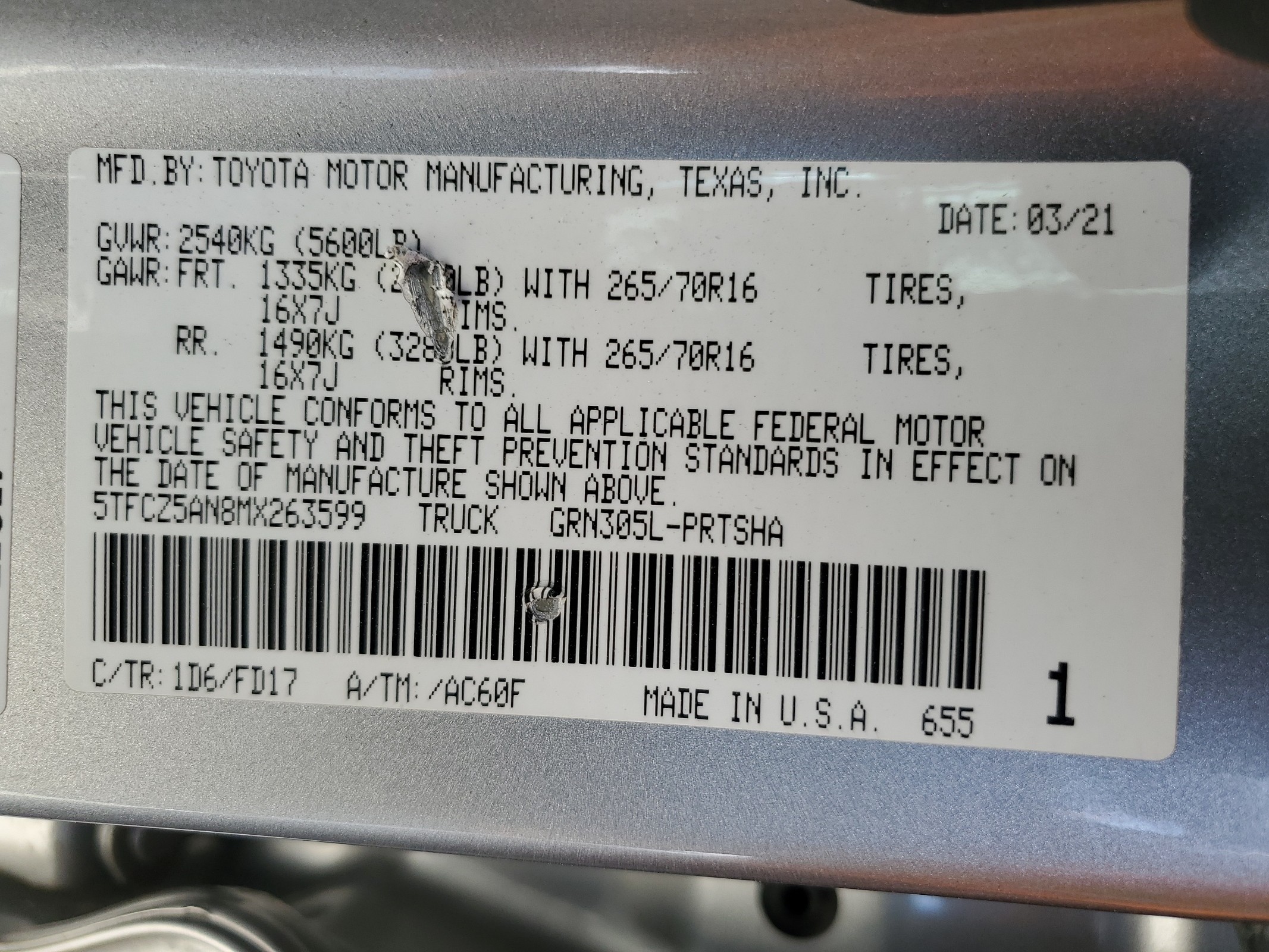 2021 Toyota Tacoma Double Cab vin: 5TFCZ5AN8MX263599