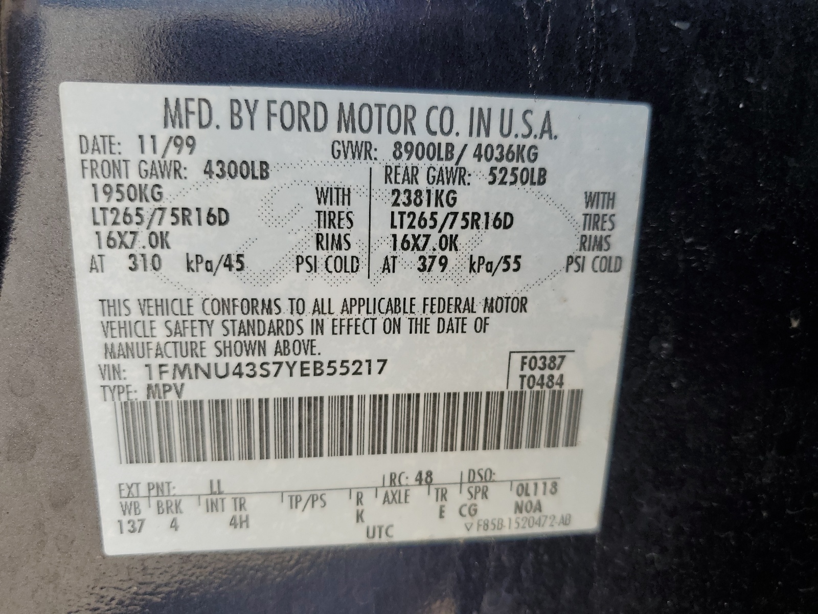 1FMNU43S7YEB55217 2000 Ford Excursion Limited