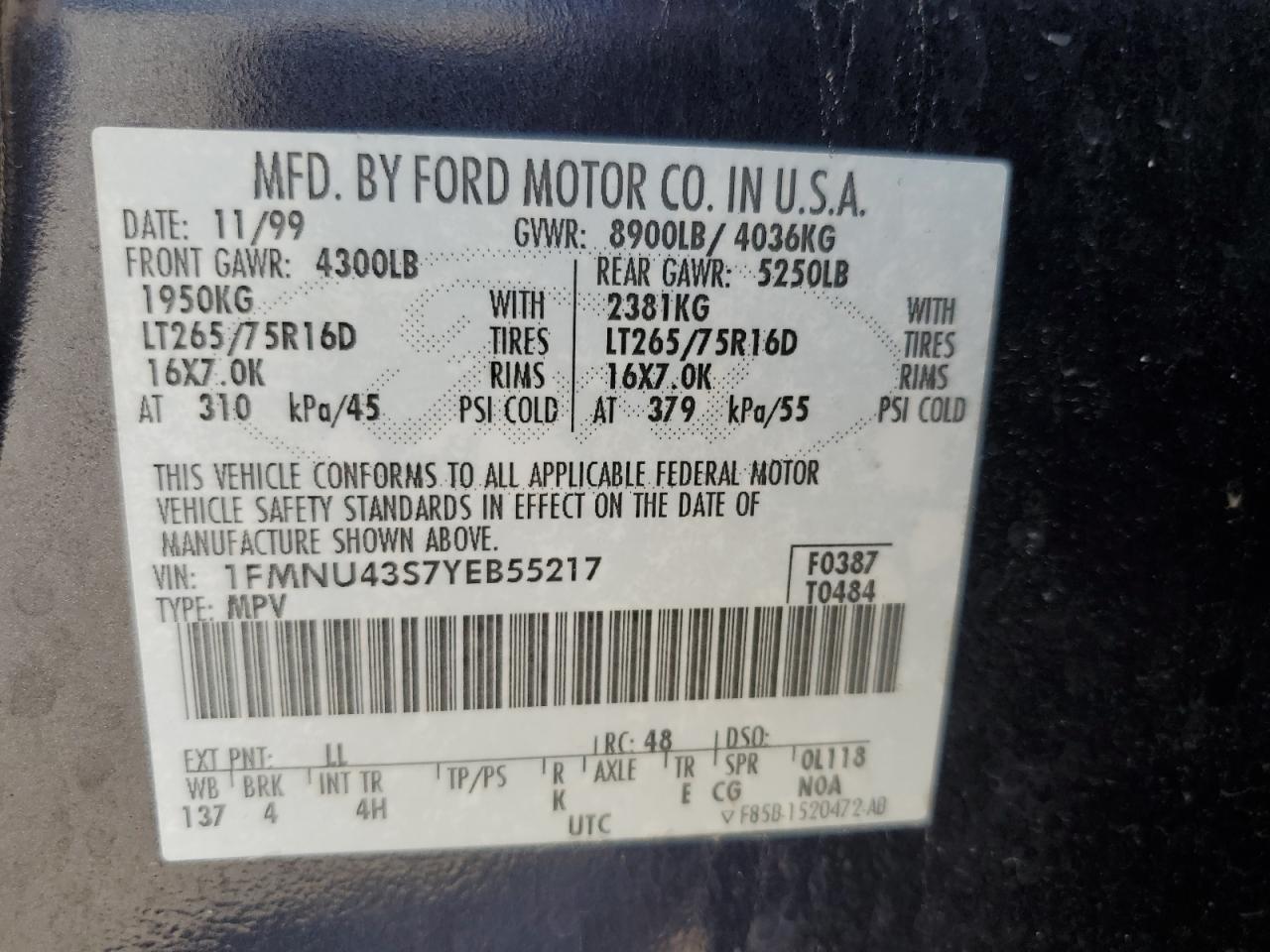 2000 Ford Excursion Limited VIN: 1FMNU43S7YEB55217 Lot: 63645464