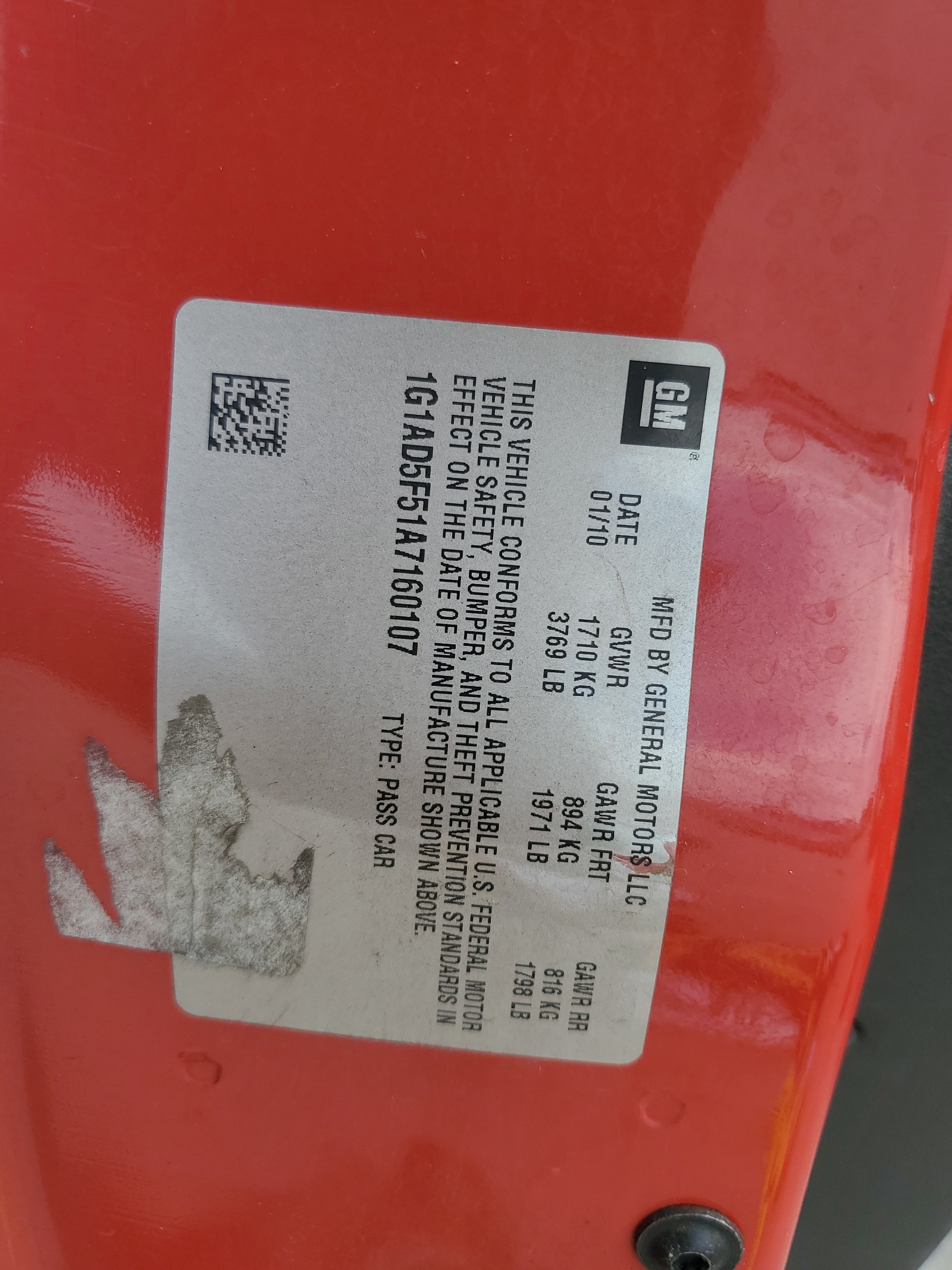 1G1AD5F51A7160107 2010 Chevrolet Cobalt 1Lt