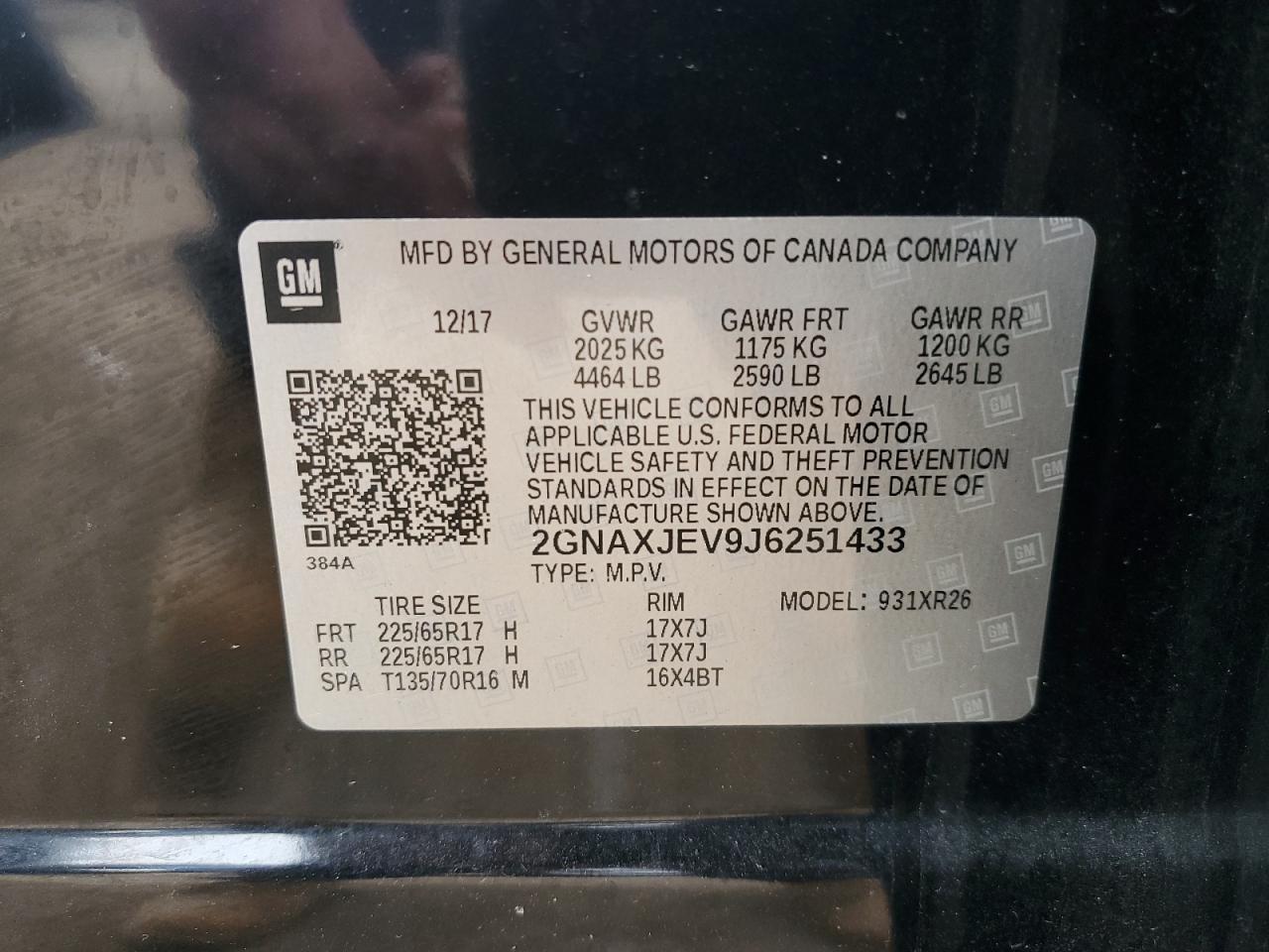 2GNAXJEV9J6251433 2018 Chevrolet Equinox Lt